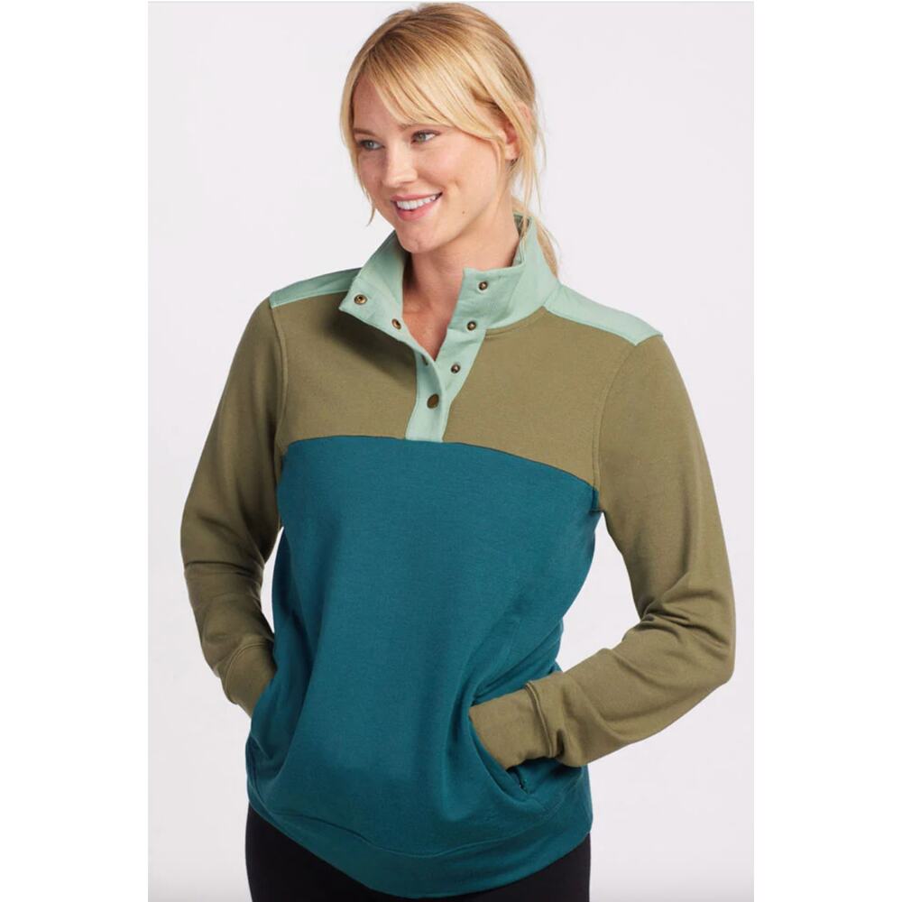 Woolx Women's Merino Wool Charlie Green Colorblock Pullover Sweatshirt, Size S